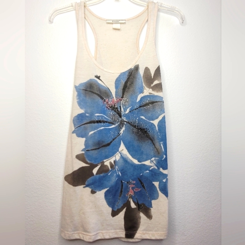 Poetry S Beaded Flowers Tank Top Blue & Cream Relaxed Fit Small NWOT Racerback